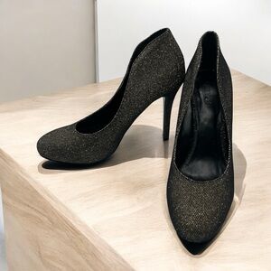 Nine West High Heels Black & Gold Glitter Stilettos Shoes Shimmer Heels 8.5